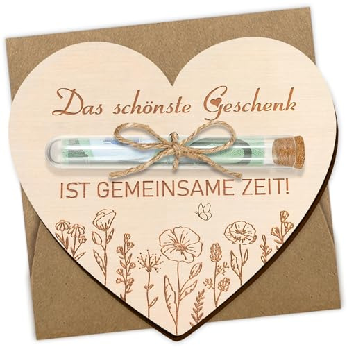 Zeit statt Zeug Gutschein, Geldgeschenk Hochzeit Holzkarte Reagenzgläsern | Geburtstag Geldgeschenke mit Umschlag, Valentinsgeschenk Liebesgeschenk Holzkarte Herzförmige Karte mit Reagenzgläsern