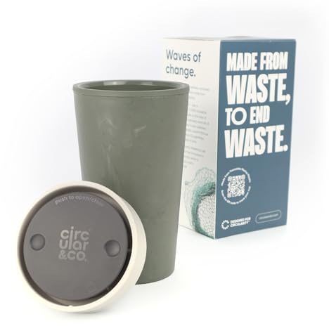 Circular&Co 12oz / 340ml Reusable Coffee Cup – Made from Recycled Marine Plastic – Leakproof, Lockable Travel Mug, BPA Free – Made in the UK