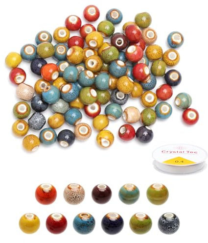KQDRAVINE 100 pezzi di perline in ceramica, perline colorate in porcellana da infilare con filo elastico da 4 m per la creazione di gioielli fai da te, ciondoli e lavoretti (10 mm)
