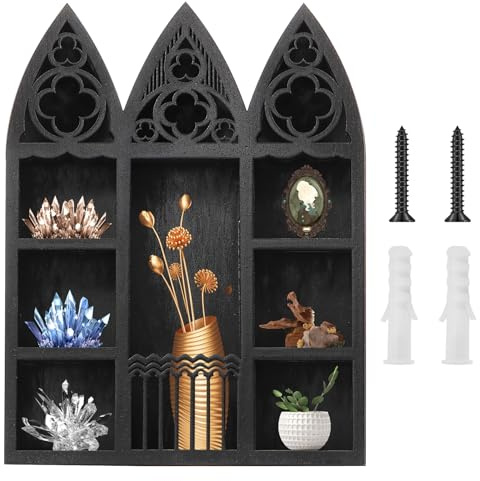 Crystal Display Regal,Holz Edelstein Stein Lagerung Halter, Wandmontage Schwarz Fenster Kristall Halter Veranstalter, Schrank für Edelstein Stein,Spirituelle Wohnzimmer Dekor (Dreifaches Fenster)