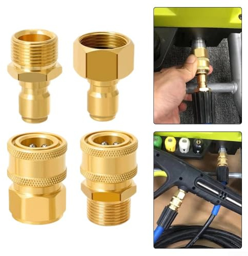 Set di 4 adattatori in ottone M22 da 15 mm e 14 mm, per tubo idropulitrice con raccordi da 3/8 e 1/4, progettati per uso con tubi idropulitrici ad alta pressione (M22-15 mm 1/4/8)