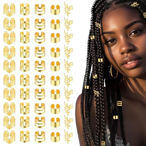 YAZWUR 50 piezas de accesorios para el cabello, joyería para trenzas y dreadlocks, clips de espiral y cuentas para peinados únicos, adornos para hombres, mujeres, niñas y niños (Oro)