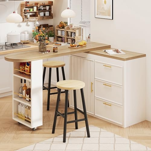 îlot de cuisine multifonctionnel 128-203×39×90cm,Table de bar rotative 360°,Table de bar mobile avec 3 tiroirs et étagères latérales,avec tablettes réglables et dispositif anti-basculement,Blanc