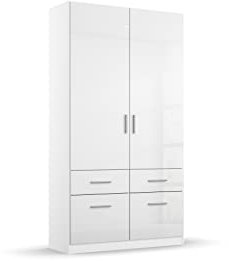 Rauch Möbel Celle Schrank Drehtürenschrank in Weiß/Hochglanz Weiß, 2-türig mit 4 Schubladen, inkl. Zubehörpaket Basic 1 Kleiderstange 2 Einlegeböden, BxHxT 91x197x54 cm