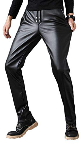 Idopy Pantalon décontracté à Cordon de Serrage pour Hommes Pantalon de Jogging en Faux Cuir