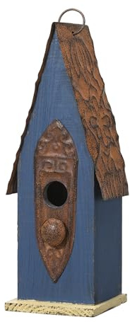 Glitzhome 13.25 Hanging Birdhouse for Outside, Retro Blue Distressed Solid Wood - Spring Ready Nesting Box & Christmas Garden Gift Idea