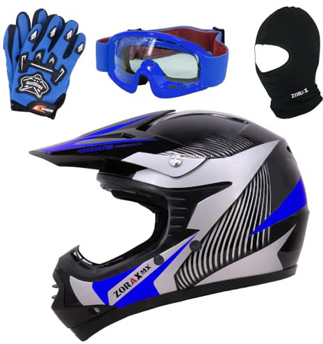Zorax ZOR-X19 Blue L (53-54cm) PREDATOR Kids Motorbike Motocross MX Helmet ECE 2206 & Gloves L (7cm) & Goggles & Balaclava