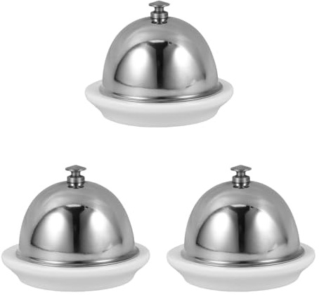 Tofficu 3 Pcs Ceramic Butter Dish with Lid, Round Butter Keeper with Stainless Steel Dome Cover for 1/2 Stick, Small Cheese Plate and Cupcake Display Tray for Countertop Party, White