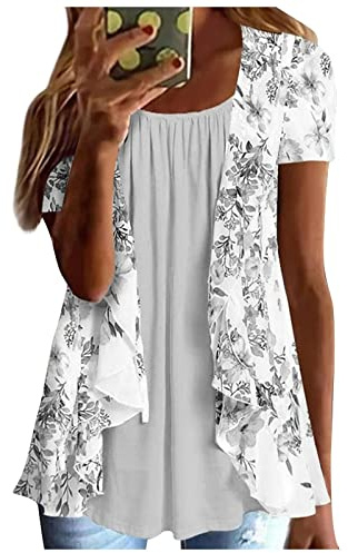 Camiseta Manga Corta Mujer Verano 2023 Moda Impresión Floral Camisa Volantes Blusa Cuello Redondo Plisada Camiseta Elegant Suelto Tops Casual Fiesta T-Shirt Original tee Playa Talla Grande