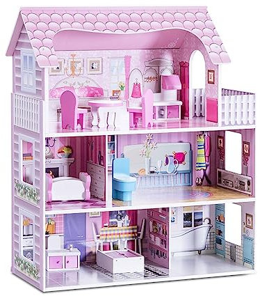 COSTWAY Wooden Dolls House, Large 3-Storey Dollhouse with Furniture and Accessories, Pretend Playset Gift for Children