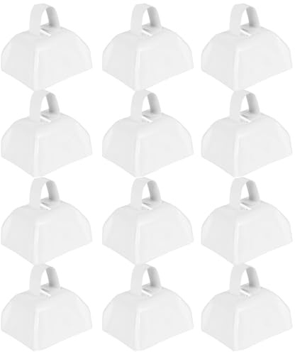 Cow Bells Noise Makers for Sporting Events: 12 Pcs Small White Cowbells with Handle Loud Bells Bulk - Metal Cheering Bell Hand Percussion for Football Games Graduation Weddings - White