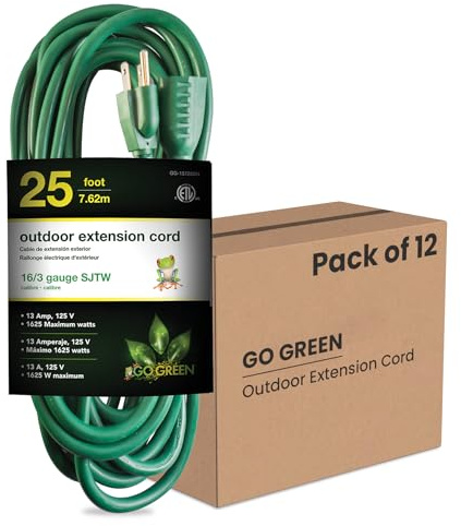 Go Green Power Inc. 25ft Outdoor Extension Cord, Green, Pack of 12-16/3 SJTW, Contractor Grade, Durable, and Moisture Resistant