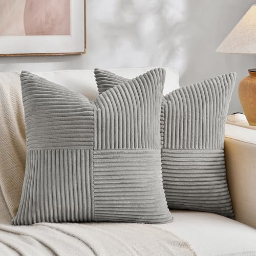 FDTERN Set med 2 boho kuddfodral för soffa, 50 x 50 cm, manchestersammet, modernt mjukt korsmönster, dekorativa kuddfodral för soffa, sovrum, ljusgrå