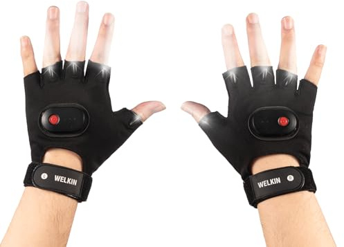 WELKIN Guantes LED con luz, luces recargables para los dedos, regalos para hombres, luces libres de manos libres para pesca, tiempo de espera largo
