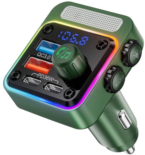 Nulaxy 54W Bluetooth 5.3 Car Adapter with 4 Charging Ports [PD 36W & QC3.0 18W], Wireless Radio FM Transmitter with Deep Bass Player & 5 Colors LED Backlit, Hands-Free Calling - NX16 Green