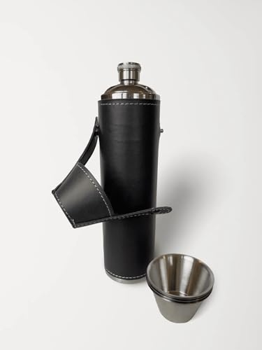 Birdie Bottle 12oz Black Flask with 4 Shot Glasses in Cap – Stainless Steel with Waterproof Leather Case, Leakproof, Reusable, Travel