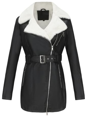 YURCI Konstjacka Dam Lapel Sherpa Motorcykel Biker Läderjacka Tjockfodrad Parka Vinterjacka Fårskinnsläderjacka