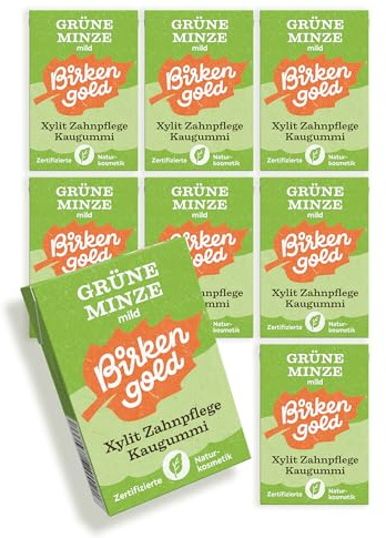 Birkengold Zahnpflege Kaugummi Grüne Minze | Mit Xylit | 8x20 Dragees | Plastikfrei & Erdölfrei | Mit Xylit | Naturkosmetik zertifiziert | Vegan & ohne Zucker | Zahnfreundlich & ohne Aspartam