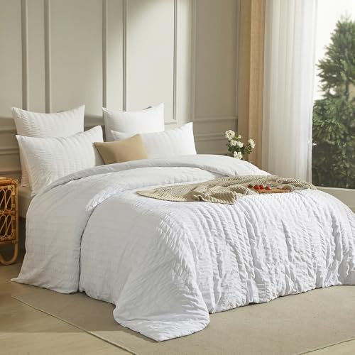 Luofanfei Seersucker - Juego de cama (140 x 200 cm, microfibra, 1 persona), color blanco