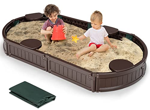 COSTWAY Sabbiera per Bambini con Coperchio Impermeabile, con 4 Sedie, Ideale per Giardino, Cortile e Spiaggia,183 x 105 x 21 cm, Marrone