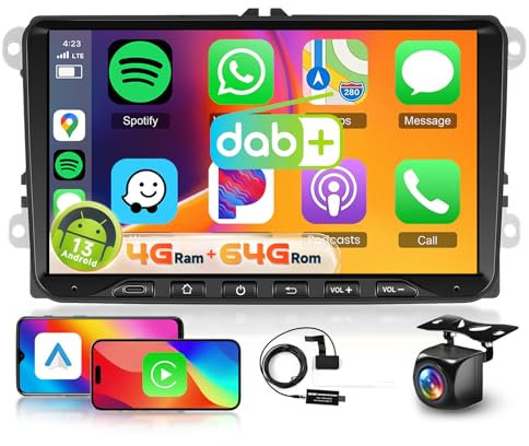 4G+64G DAB/DAB+ Car Radio Stereo for VW Golf Passat Polo Tiguan Skoda Seat, Hodozzy 9 1280P Touchscreen Car Radio with Bluetooth 5.0 DSP Carplay Android Auto GPS WiFi FM/RDS Type-C Reverse Camera
