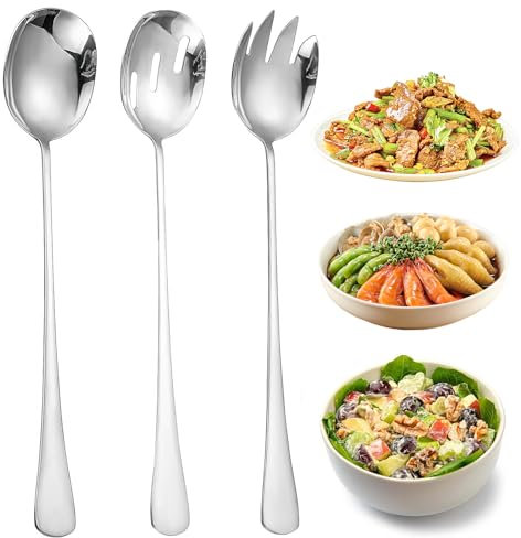 UZYXC Set de Couverts à Salade Inoxydable - Cuillère Perforée et Fourchette avec Support, Saladier Épais 410 pour Buffets et Grands Repas