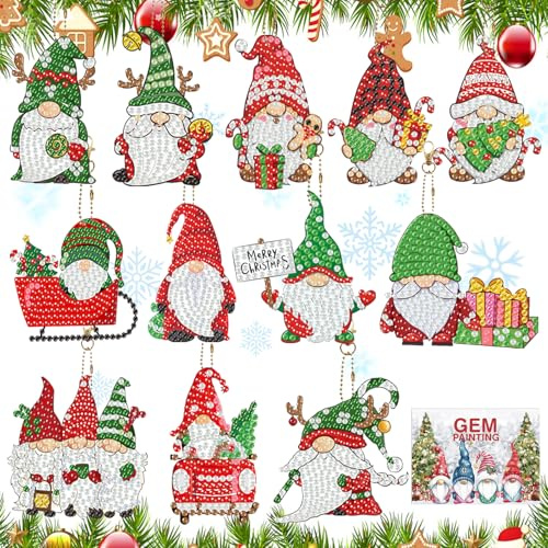 ZJKUBOIS 12 Stück Diamond Painting Weihnachten Anhänger Set, Doppelseitiger Wichtel 5D Diamond Painting Schlüsselanhänger, DIY Bastelset weihnachten mit Geschenkbox, Kann an Weihnachtsbäumen
