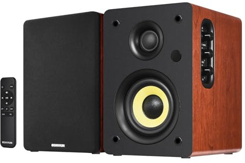 Sanyun SW206 Altoparlanti da Scaffale HiFi 4” con Modalità Studio, 80W Attivi, Bluetooth 5.4/Ottico/Coassiale/TRS/Aux/DAC USB 24bit, per Giradischi TV PC Desktop, Cabinet in Legno, Telecomando, Rosso