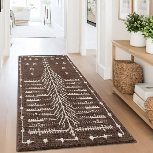 carpet city Teppich-Läufer Flauschig Braun - 80x300 cm - Geometrisches Kilim-Muster - Weiche Microfasern - Boho Teppiche Flur, Wohnzimmer, Schlafzimmer