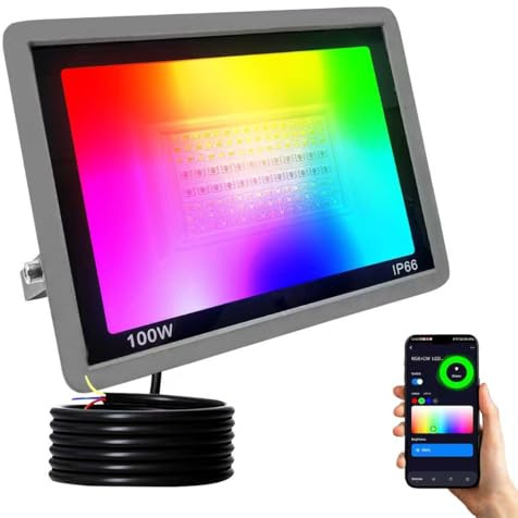 JBdusn 100W RGB LED-strålkastare med fjärrkontroll, Smart RGBCW Strålkastare Färgglad med Wifi Bluetooth Appkontroll, Utomhusstrålkastare med Färgskiftande Dimbar Festbelysning för Scenbelysning