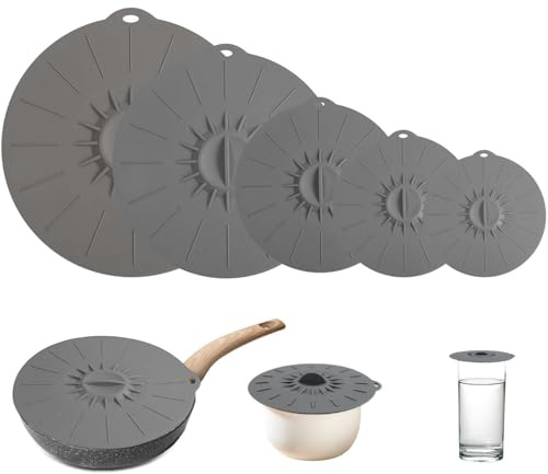 5 Pièces Couvercle Casserole Silicone Alimentaire, Couvercles en Silicone Réutilisables, Couvercle Ventouse, Pour Bols, Casseroles, Assiettes, Tasses (Gris)