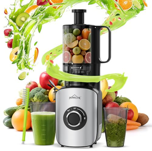 HOMELUX 220 W långsam juicepress 126 mm påfyllningsbehållare för grönsaker och frukter, elektrisk citruspress med 2 koppar rengöringsborste, uppgraderad snigel, BPA-fri, enkel rengöring