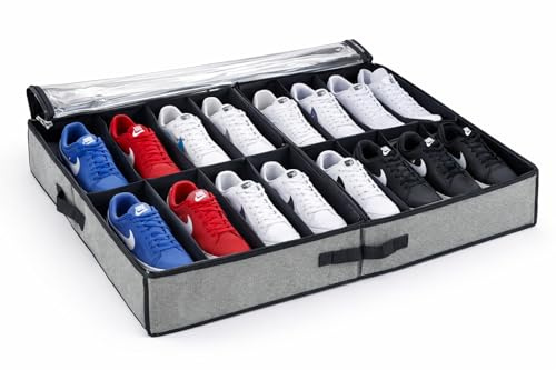 QUINTORIZZONTE Organizador de zapatos debajo de la cama con 12 compartimentos – Caja de zapatos para ahorrar espacio con cremallera y asas – Cubierta de PVC transparente