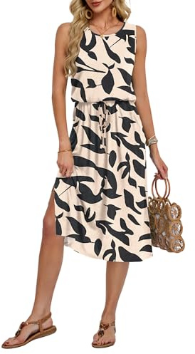 AUSELILY Robe d'été Mi Longue Femme sans Manches Robe Fluide Casual Légère avec Fente Devant et Poches Chic Élégant pour Été