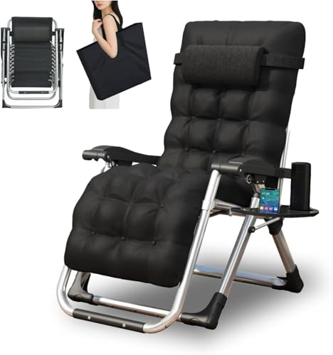 LSLIFE Zero Gravity Liegestuhl für Outdoor mit Tassenhalter & Kissen, breiter Verstellbarer Liegestuhl Klapplehnstühle Gartenstühle für Patio Garden Beach Support 200kg (Schwarz)