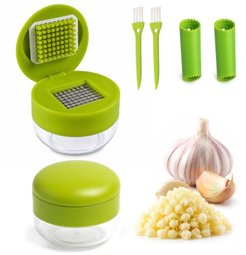 3-in-1 Garlic Press Set with Peeler & Brush, Manual Garlic Mincer Tool with Storage Container for Easy Prep and Cleanup (2 Pack)