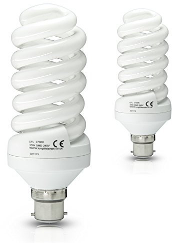 Long Life Lamp Company 2 x 35w Energy Saving Spiral Light Bulb Warm White 175w Equivalent Very Bright, Bayonet Cap B22, New Advanced T3 Technology Instant Light