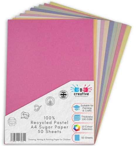 A4 återvunnet sockerpapper pastellfärger 50 ark i 10 blandade färger, bra för barnkonst och hantverk, ritning, målning och scrapbooking. 30 x 21 cm arkstorlek
