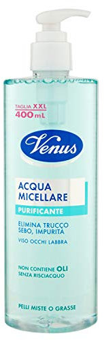 Venus, Acqua Micellare Purificante, Elimina Trucco, Sebo in eccesso e Impurità, Ideato per Pelli Miste e Grasse, Con Menta e Acqua Virginiana, non Contiene Oli, Senza Bisogno di Risciacquo, 400 ml