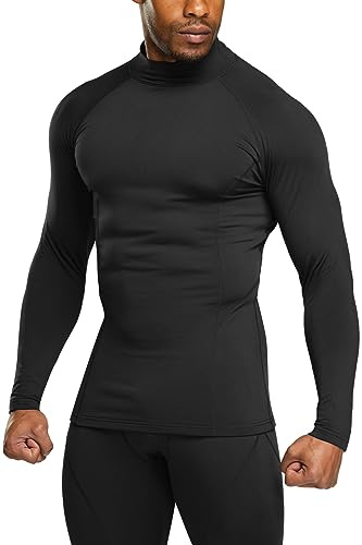 TSLA Men's Thermal Long Sleeve Compression Shirts, Mock/Turtleneck Winter Sports Running Base Layer Top, Heatlock Mock Neck Black, Large