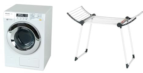 Theo Klein 6941 Miele Waschmaschine I Vier Waschprogramme und Originalgeräusche I 18,5 cm x 26 cm x 18 cm I Spielzeug für Kinder ab 3 Jahren, Weiss & 6735 - Vileda Trockenständer, Spielzeug