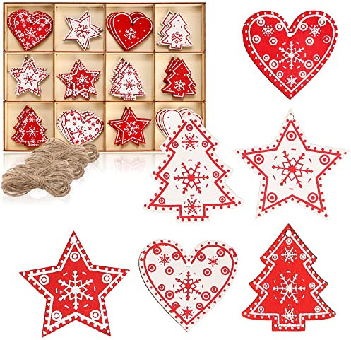 com-four® 36-teiliges Tannenbaumschmuck Holz-Anhänger Set - Weihnachtsbaumschmuck zum Dekorieren für den Weihnachtsbaum - Christbaumschmuck (36 Stück - rot/weiß)