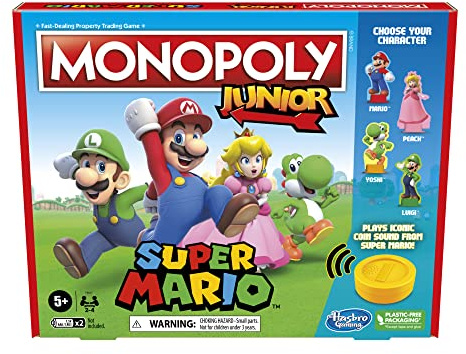 Monopoly Junior Super Mario Edition Brettspiel, lustiges Kinderspiel ab 5 Jahren, erkunden Sie das Pilzkönigreich als Mario, Peach, Yoshi oder Luigi (Amazon Exclusive)