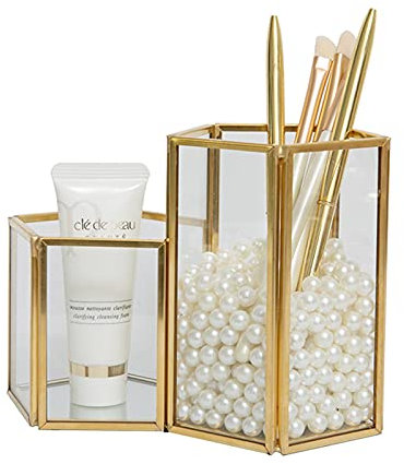 SLHEQING Make Up Organizer Gold, Schminktisch Organizer 2 Fach Pinselhalter, Glas Kosmetik Organizer, Schmink Organizer für Pinsel, Eyeliner, Stift, Lippenstift und mehr