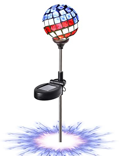 WNP Solar Powered Outdoor Garden Light Stakes Decoration, Mosaic Globe 4th of July Stake Solar Light for Patio Pathway Yard Decor, Waterproof Solar Glow Glass Ball Lights