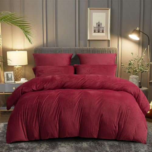 DXHOME Fleece Bettwäsche 135x200cm 4teilig Rot Weinrot Warme Kuschelig Flauschig Deckenbezug Bettbezüge mit Reißverschluss und 2 Kissenbezügen 80×80 cm