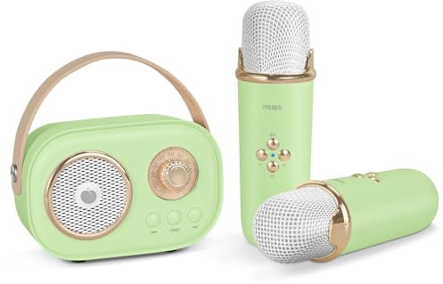 PRUNUS Karaoke Maschine Kinder mit 2 Mikrofonen, Mini Karaoke Set mit Stereosound und Heavy Bass für Heimparty, Geschenk für Brithday, Weihnachten, mit 6 Soundeffekten für Mädchen und Jungen. (Grün)