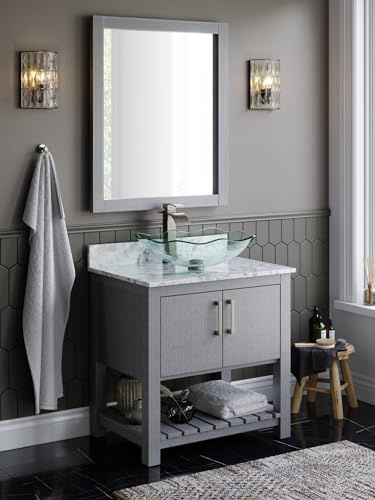Miseno MV-30SG-6001-317C 30 Free Standing Single Basin Vanity Set with Cabinet, Rectangular Glass Vessel Sink and Quartz Vanity Top - Stonewash Grey/Cafe Mocha Top/Brushed Nickel Hardware