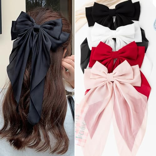Seneeel Hair Accessories - 4 PCS Oversized Ribbon Bows with Long Tails, Cute Aesthetic Large Barrettes for Women and Girls (White, Pink, Red, Black)