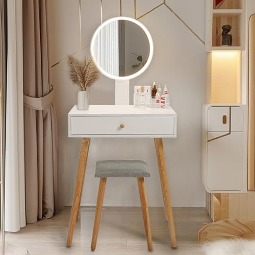 Ezigoo Small Dressing Table with Adjustable LED Mirror & Stool, 60cm Compact Makeup Desk with Drawer, Modern White Vanity for Bedroom, Girls, Gift